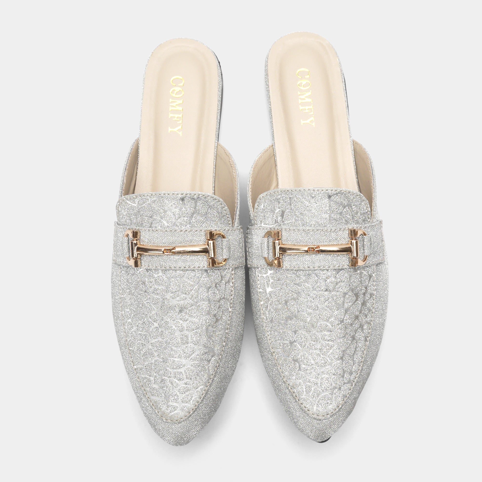 Pointed Mules with Metallic Bit Detail - Silver