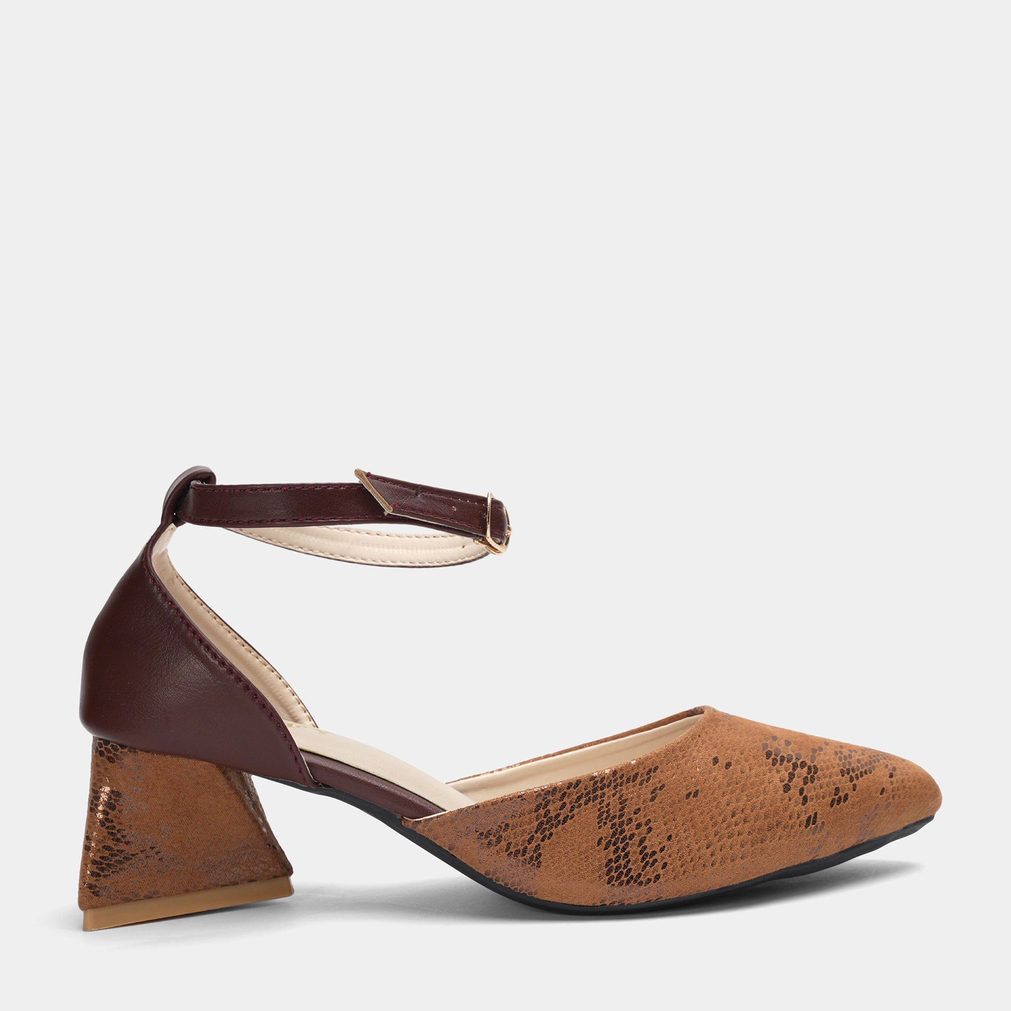 Ankle Strap Block Heels with Snake Print - Brown