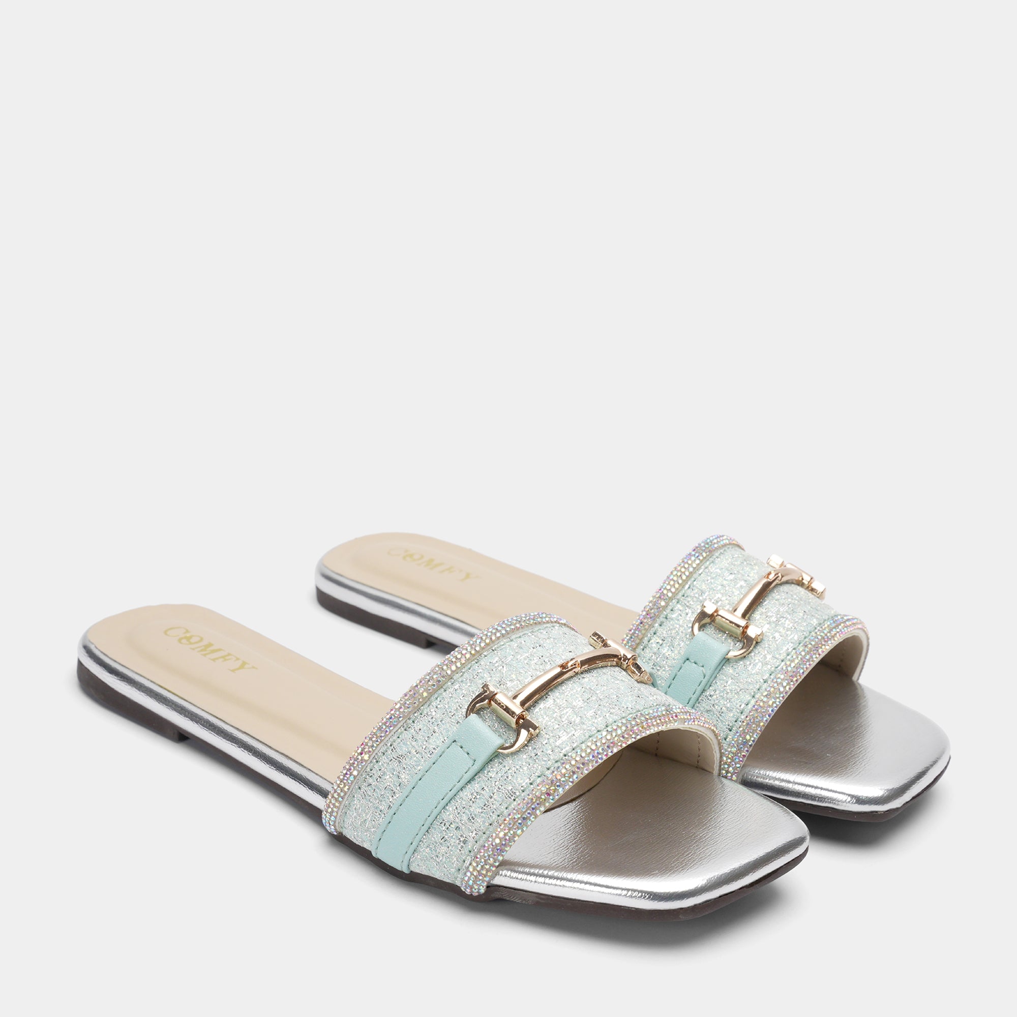 Mint Shimmer Buckle Flat Slides