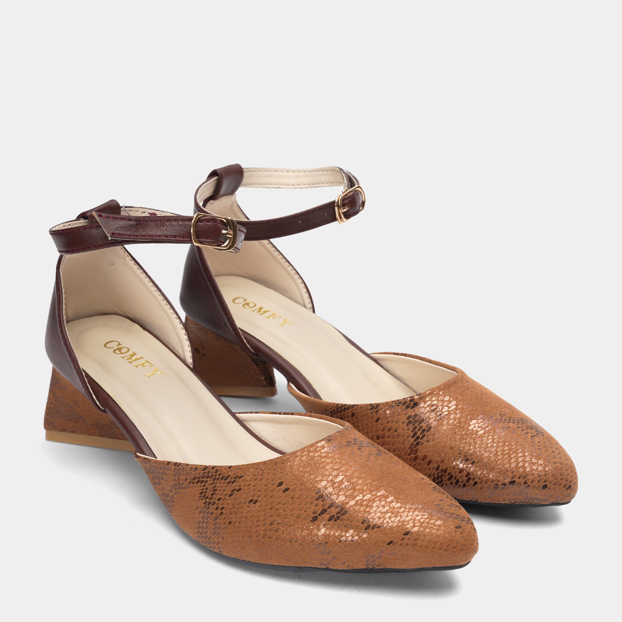 Ankle Strap Block Heels with Snake Print - Brown