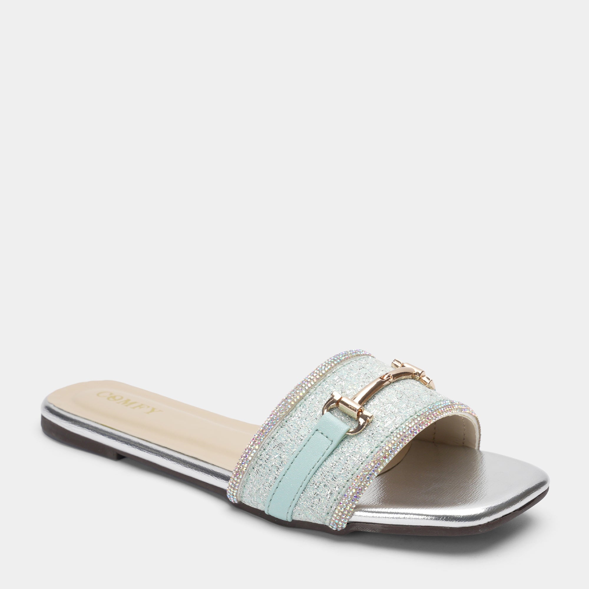 Mint Shimmer Buckle Flat Slides